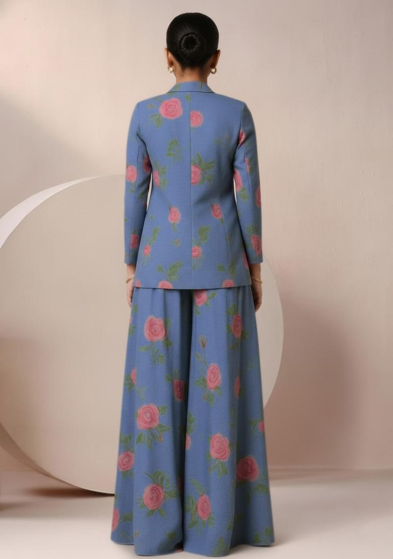 Girls Blue Satin Floral Printed Fusion Set - Indya