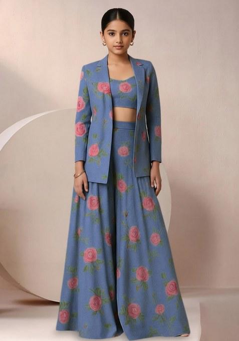 Girls Blue Satin Floral Printed Fusion Set