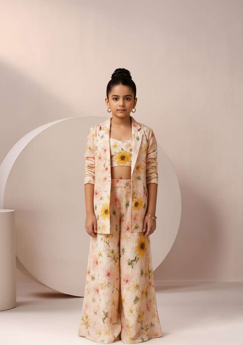 Girls Pastel Pink Satin Floral Printed Fusion Set - Indya