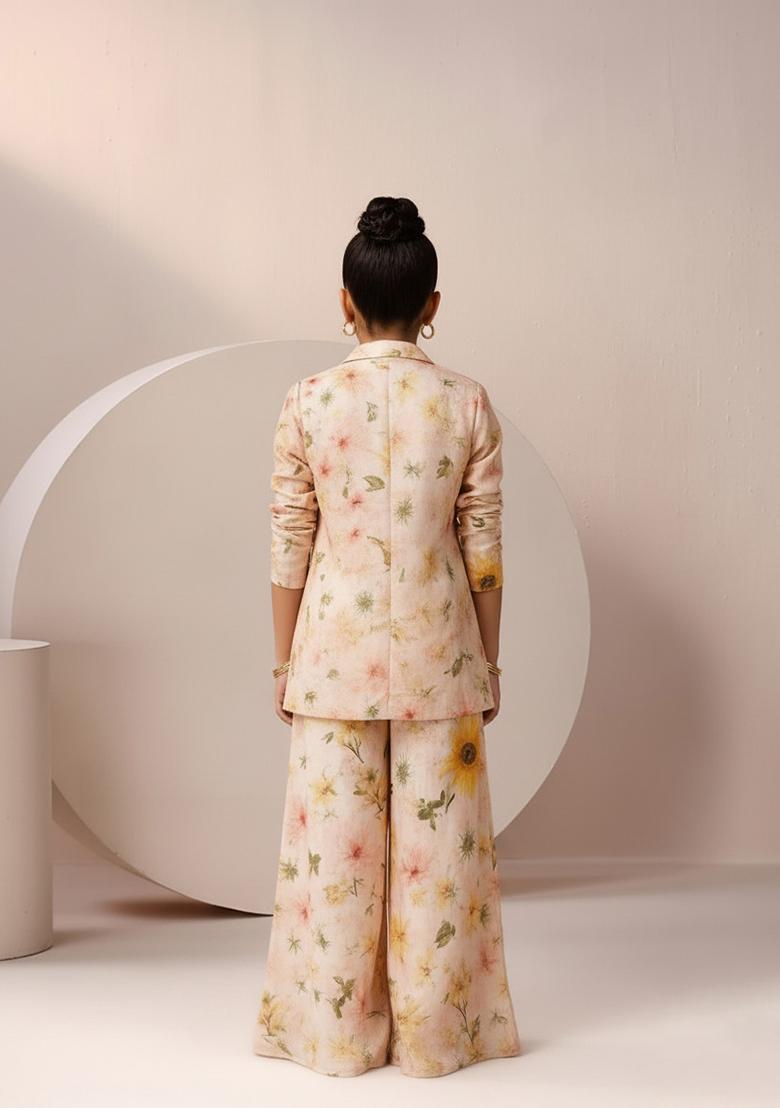 Girls Pastel Pink Satin Floral Printed Fusion Set - Indya