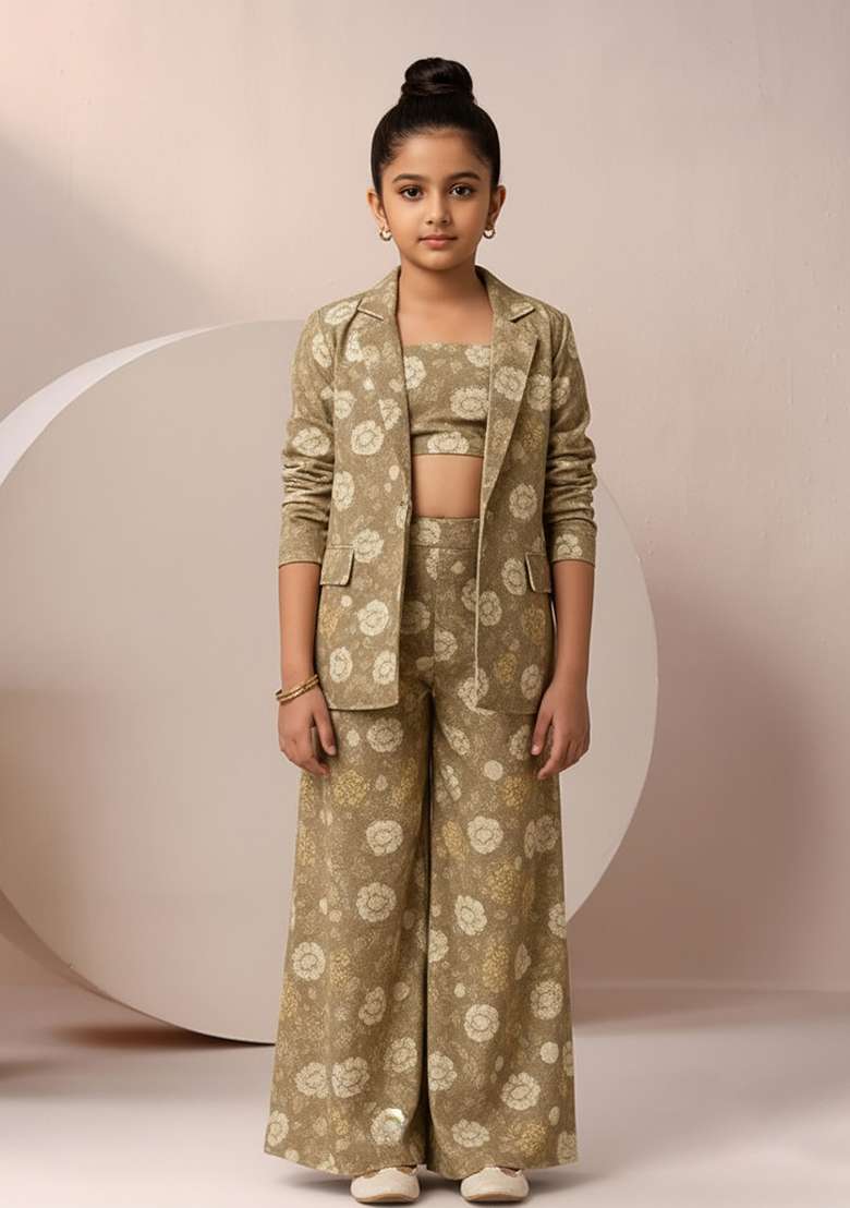 Girls Light Brown Satin Floral Printed Fusion Set - Indya