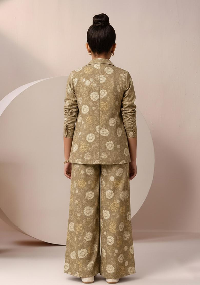 Girls Light Brown Satin Floral Printed Fusion Set - Indya