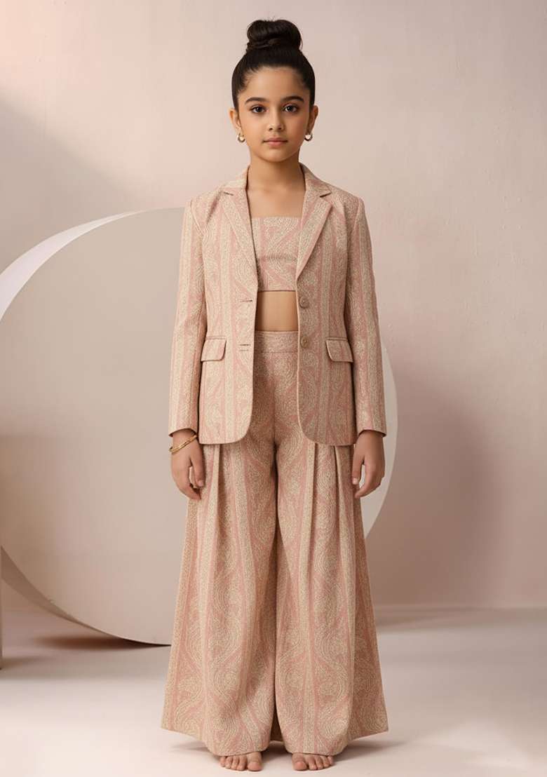 Girls Pink Satin Floral Printed Fusion Set - Indya