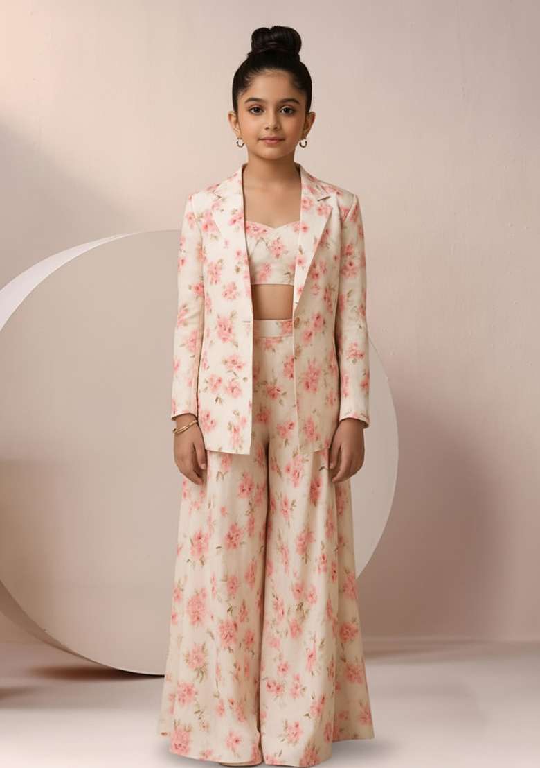 Girls White Satin Floral Printed Fusion Set - Indya