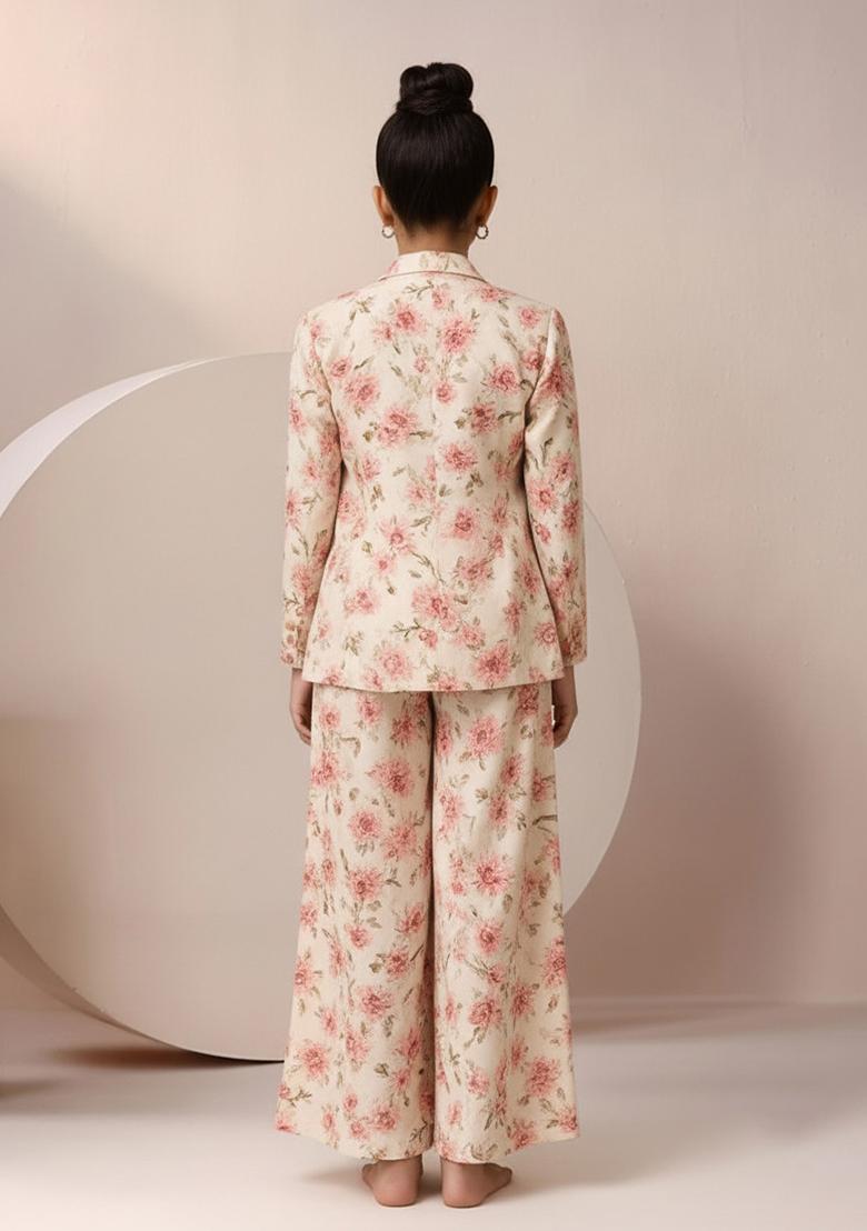 Girls White Satin Floral Printed Fusion Set - Indya