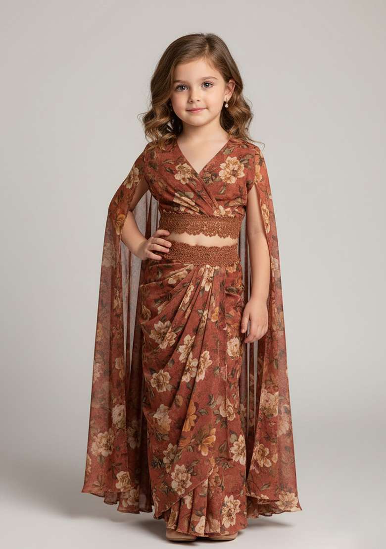 Girls Brown Crepe Floral Printed Fusion Set - Indya