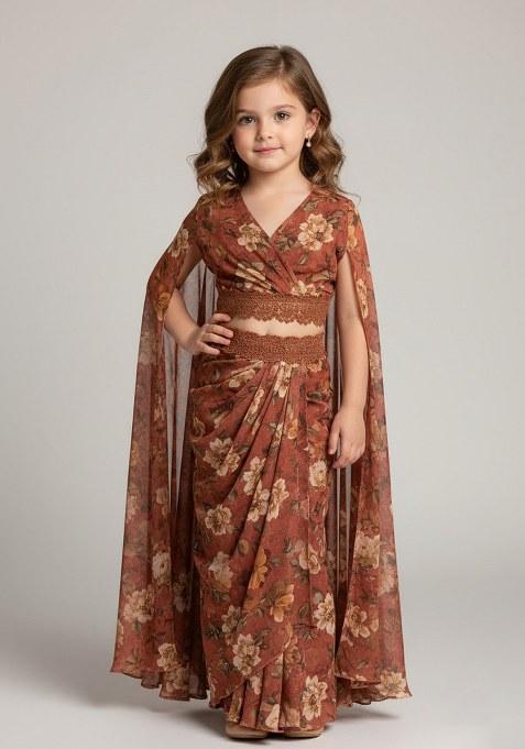 Girls Brown Crepe Floral Printed Fusion Set