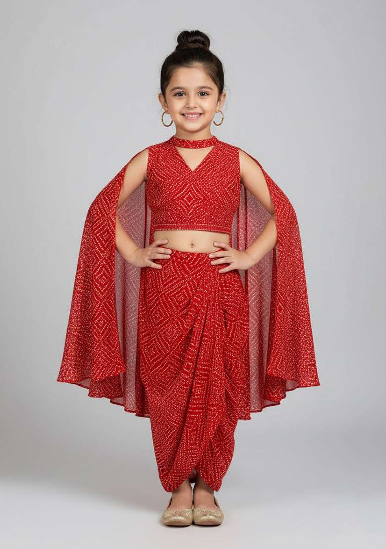 Girls Red Crepe Bandhani Printed Fusion Set - Indya