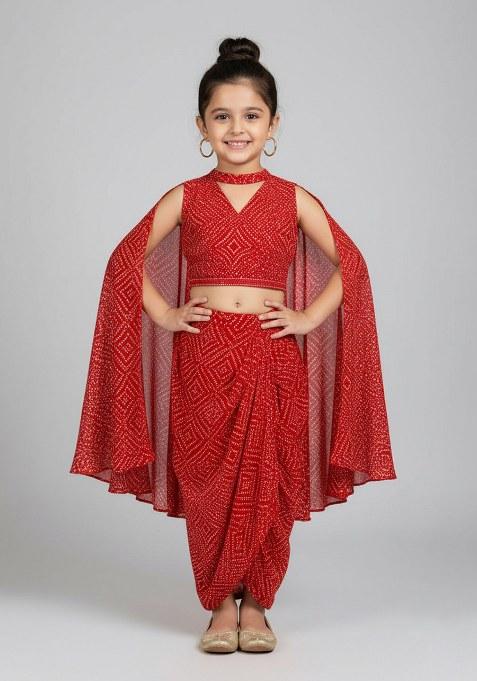Girls Red Crepe Bandhani Printed Fusion Set
