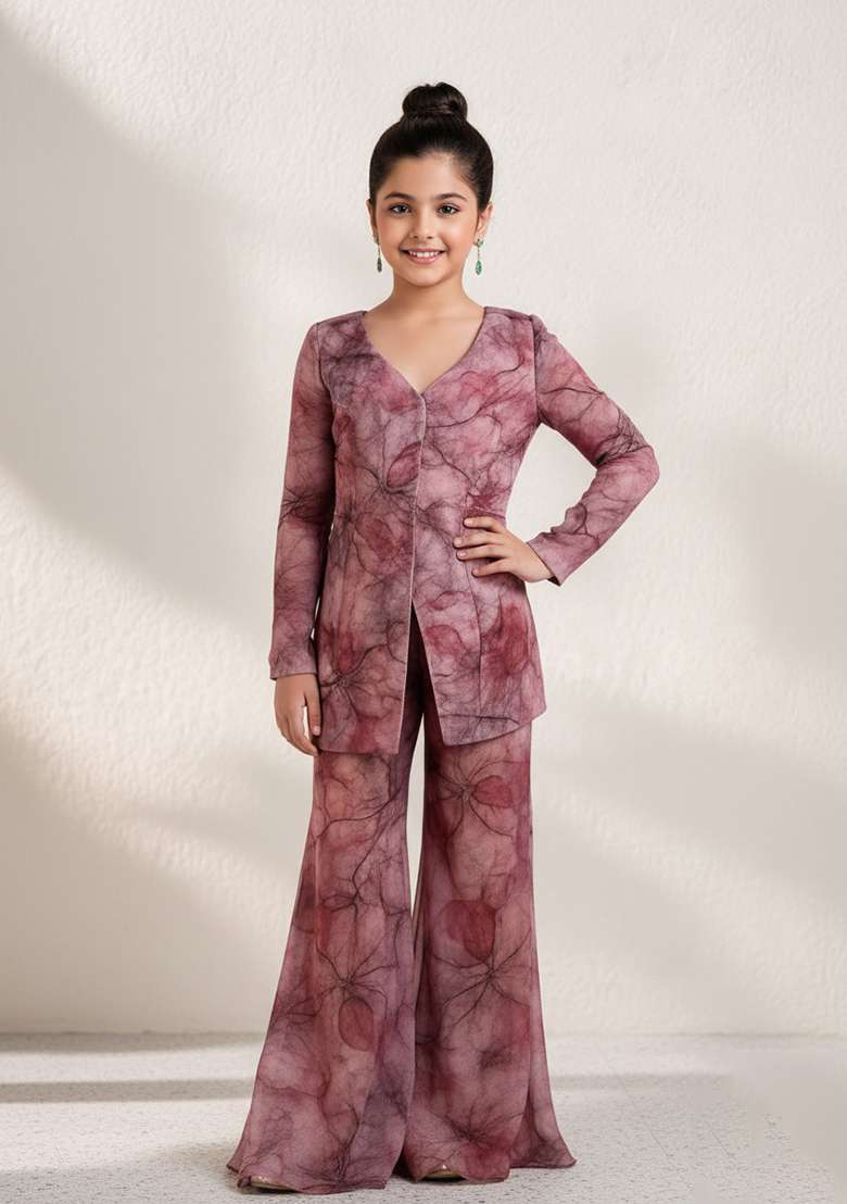 Girls Mauve Georgrtte Abstract Printed Fusion Set - Indya