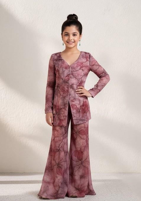 Girls Mauve Georgrtte Abstract Printed Fusion Set