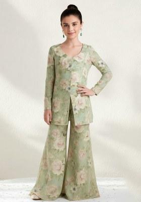 Girls Sage Green Georgette Floral Printed Fusion Set