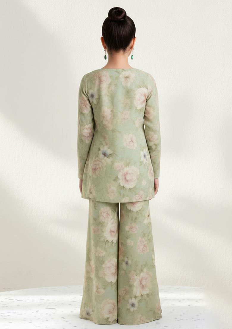Girls Sage Green Georgette Floral Printed Fusion Set - Indya