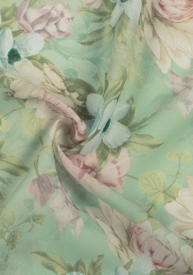 Girls Sage Green Georgette Floral Printed Fusion Set - Indya