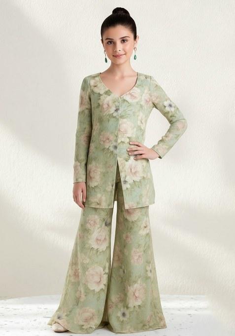 Girls Sage Green Georgette Floral Printed Fusion Set