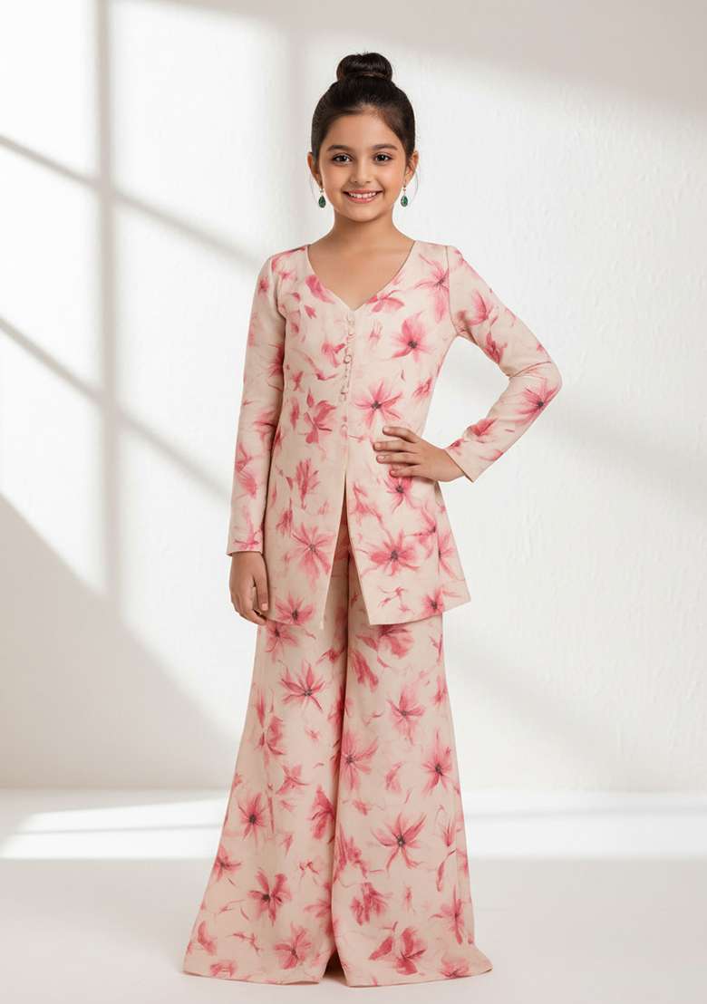 Girls Cream Georgette Floral Printed Fusion Set - Indya