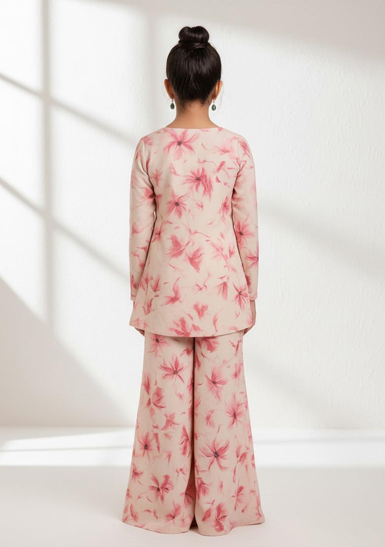 Girls Cream Georgette Floral Printed Fusion Set - Indya