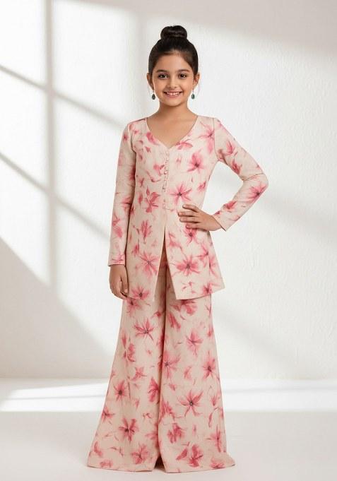 Girls Cream Georgette Floral Printed Fusion Set