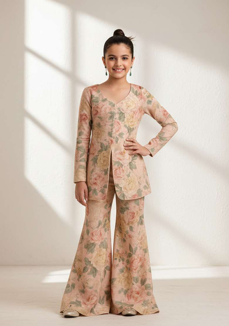 Girls Light Pink Georgette Floral Printed Fusion Set - Indya