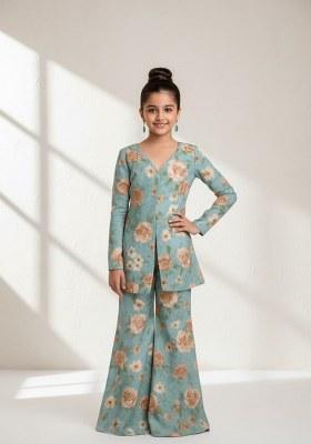 Girls Sky Blue Georgette Floral Printed Fusion Set