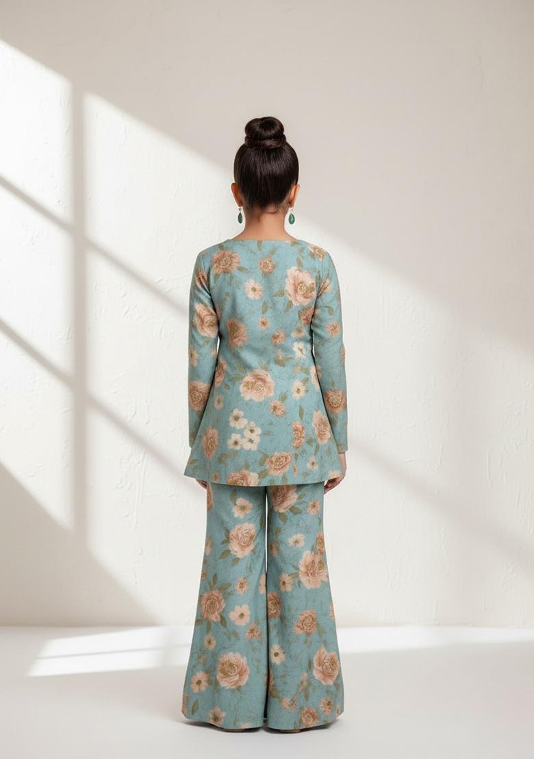 Girls Sky Blue Georgette Floral Printed Fusion Set - Indya