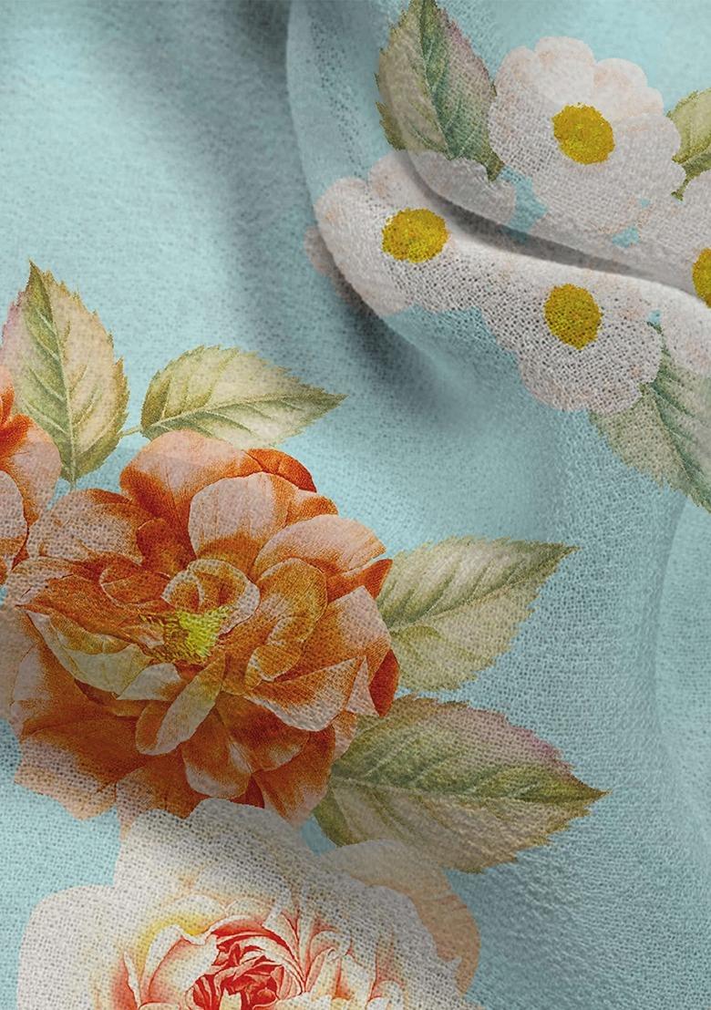 Girls Sky Blue Georgette Floral Printed Fusion Set - Indya