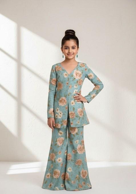 Girls Sky Blue Georgette Floral Printed Fusion Set