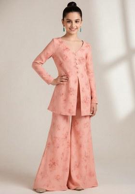 Girls Peach Georgette Floral Printed Fusion Set