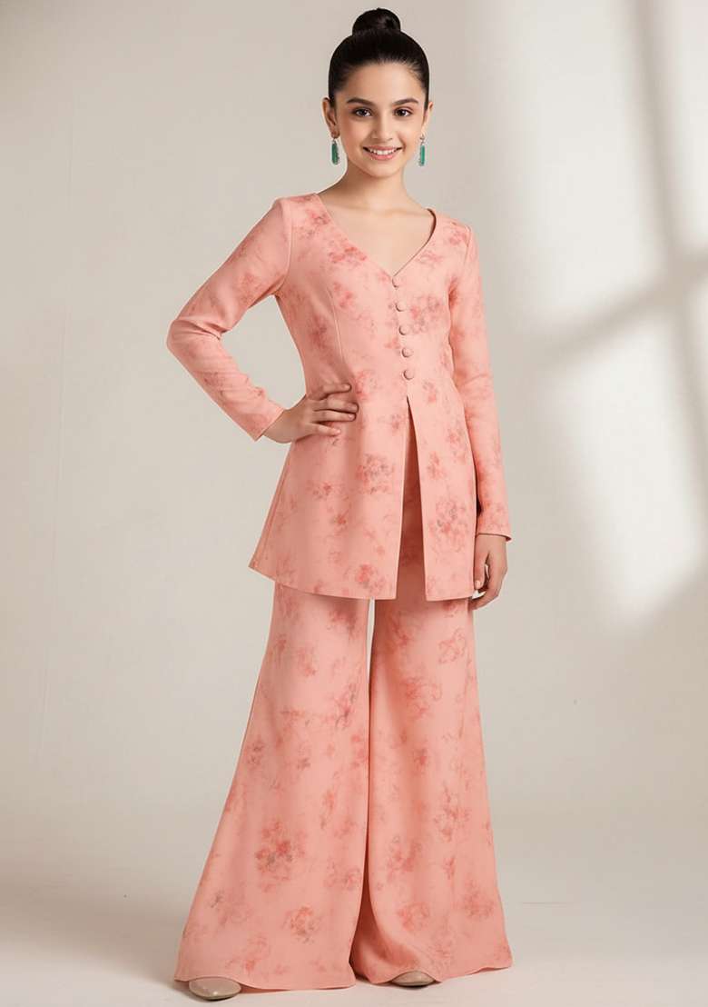 Girls Peach Georgette Floral Printed Fusion Set - Indya