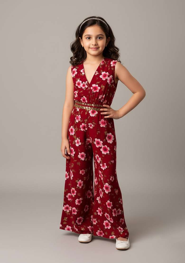 Girls Maroon Georgette Floral Printed Fusion Set - Indya