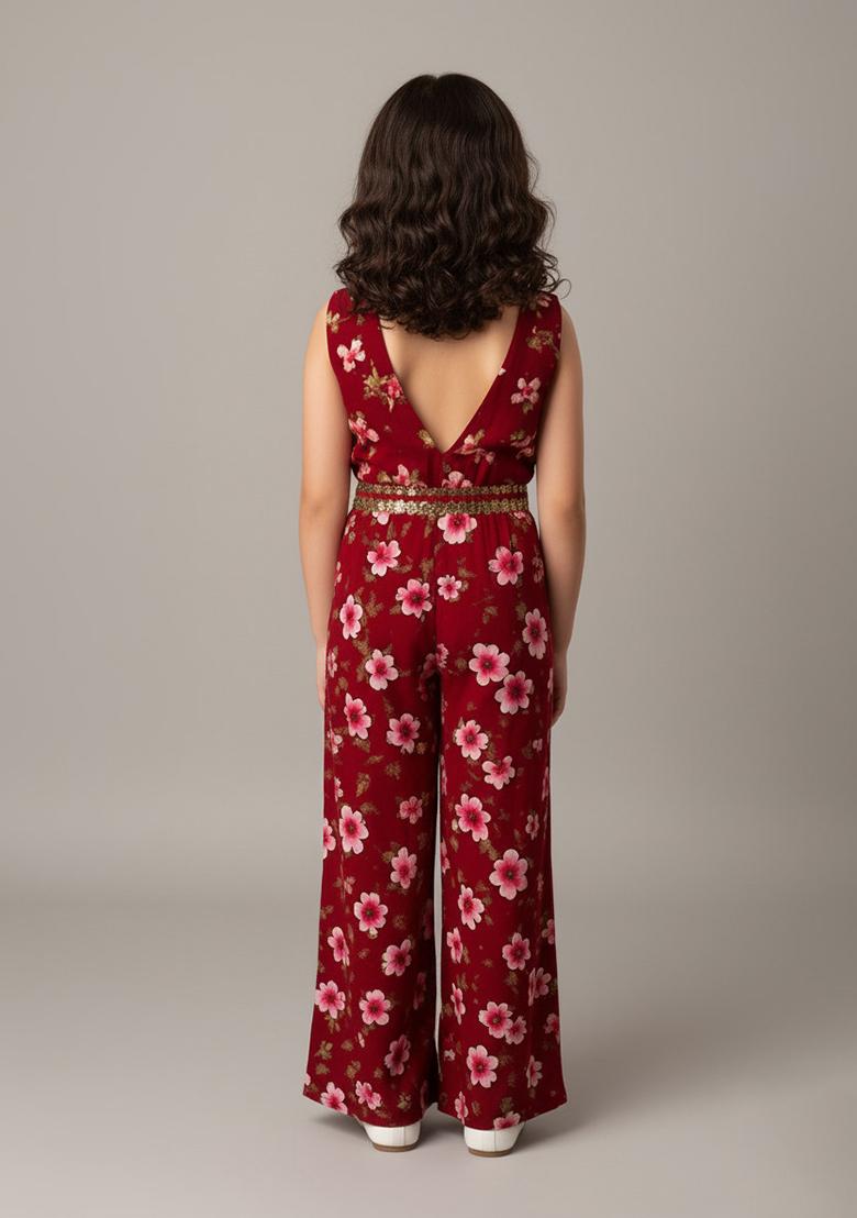 Girls Maroon Georgette Floral Printed Fusion Set - Indya