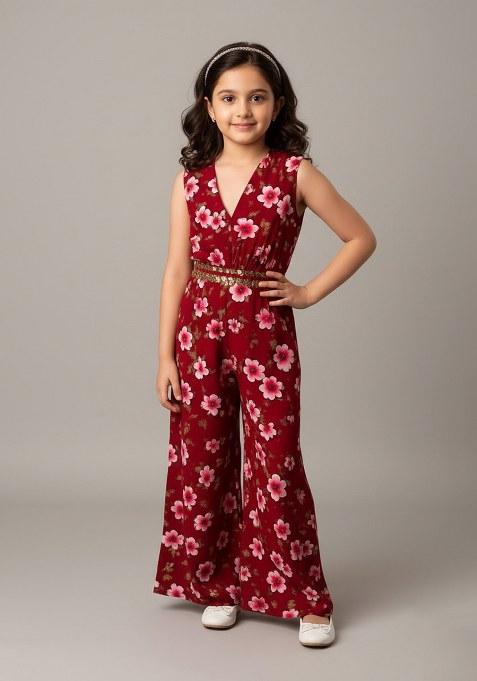 Girls Maroon Georgette Floral Printed Fusion Set