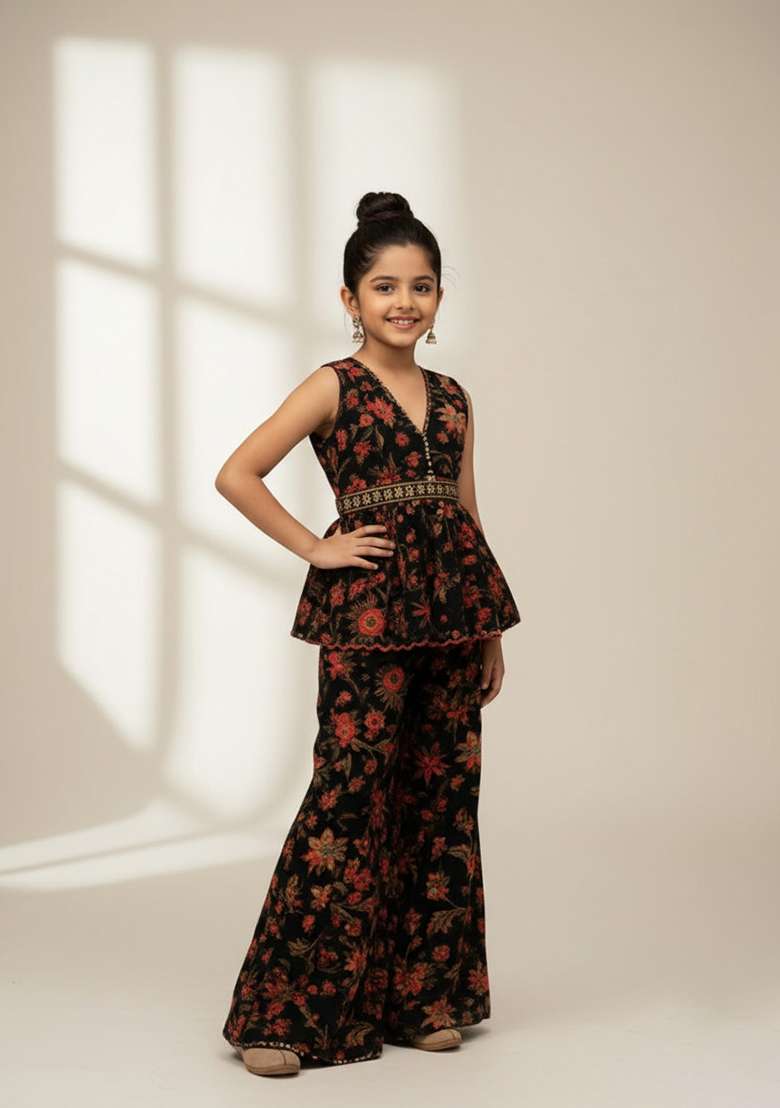 Girls Black Georgette Floral Printed Short Kurta With Palazzo - Indya