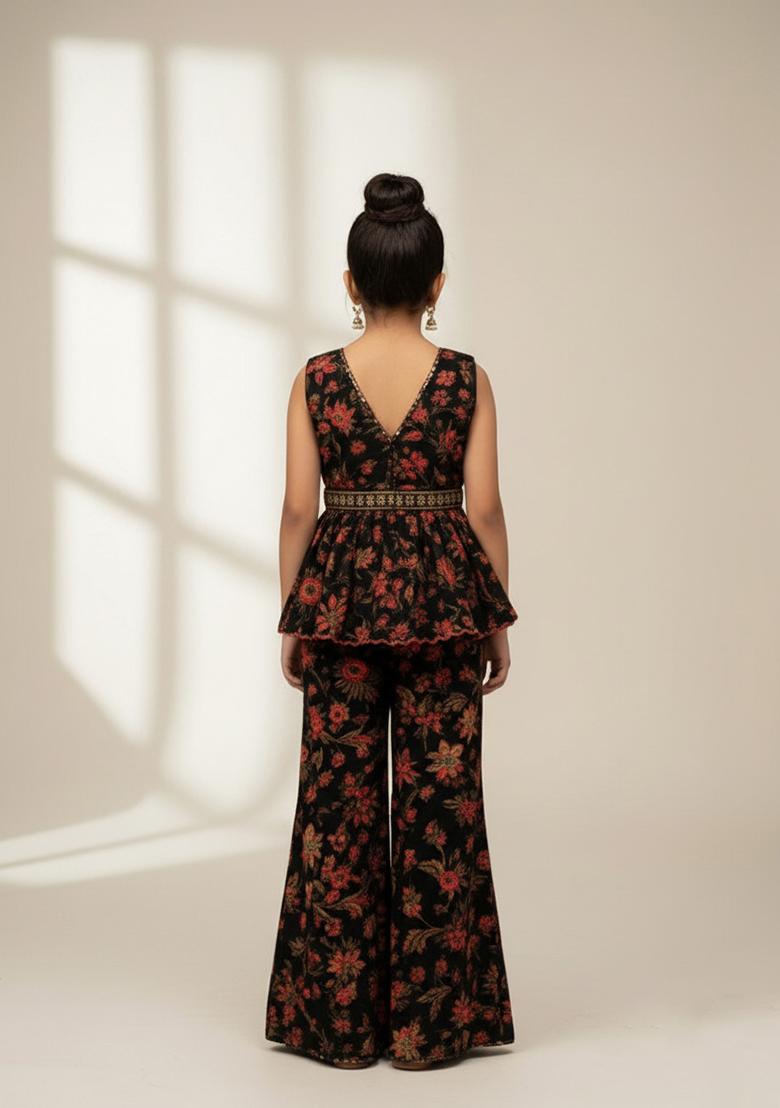 Girls Black Georgette Floral Printed Short Kurta With Palazzo - Indya