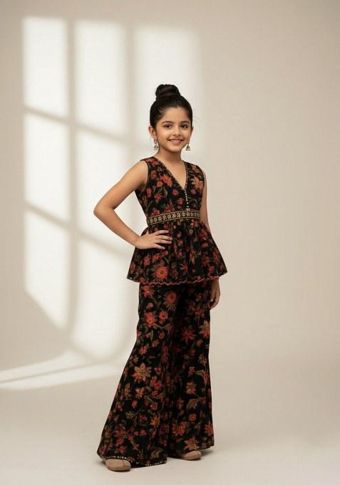 Girls Black Georgette Floral Printed Short Kurta With Palazzo