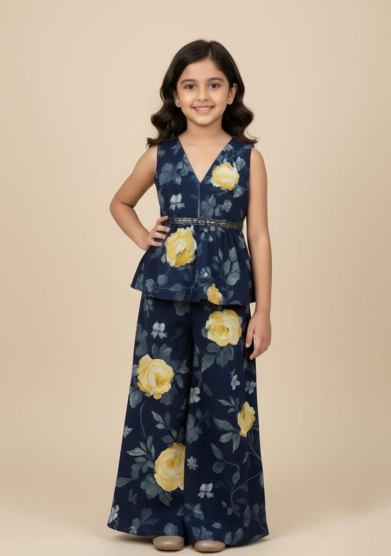 Girls Blue Georgette Floral Printed Short Kurta With Palazzo