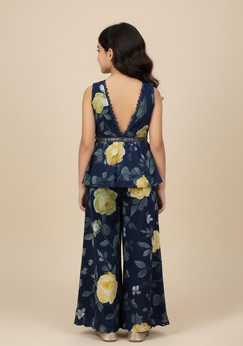 Girls Blue Georgette Floral Printed Short Kurta With Palazzo - Indya