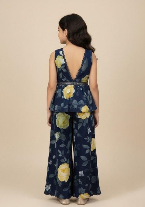 Girls Blue Georgette Floral Printed Short Kurta With Palazzo