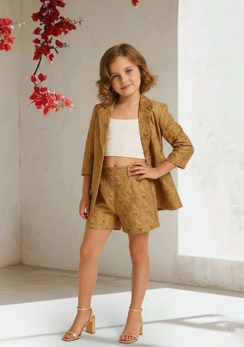 Girls Peach Brocade Jacket Co-Ord Set - Indya
