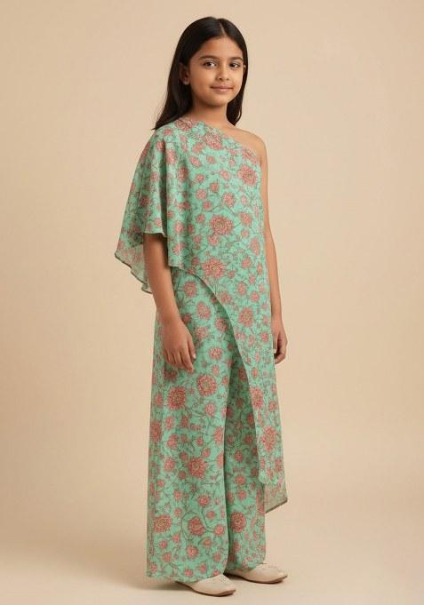 Girls Mint Green Floral Printed Fusion Set