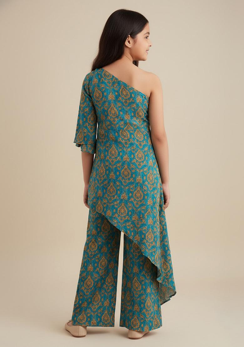 Girls Ocean Blue Abstract Printed Fusion Set - Indya