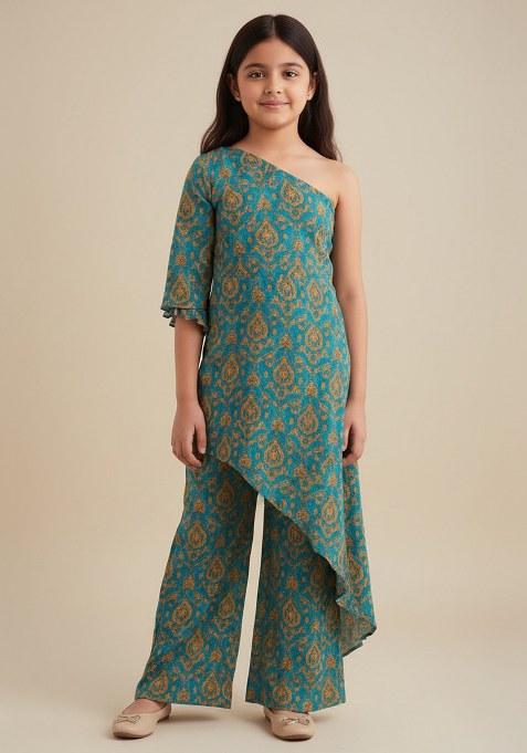 Girls Ocean Blue Abstract Printed Fusion Set