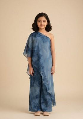Girls Blue Abstract Printed Fusion Set