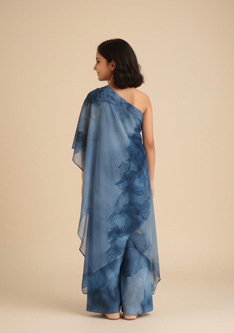Girls Blue Abstract Printed Fusion Set - Indya
