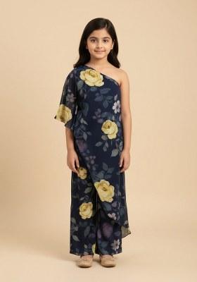 Girls Dark Blue Floral Printed Fusion Set