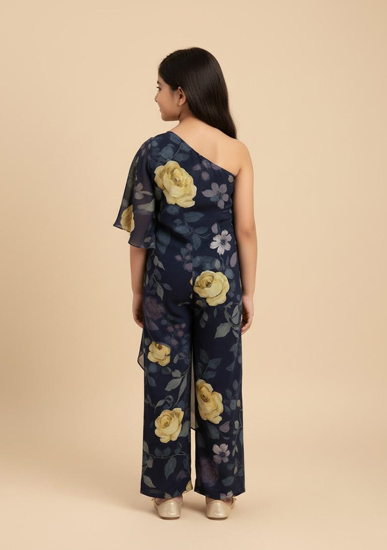 Girls Dark Blue Floral Printed Fusion Set - Indya