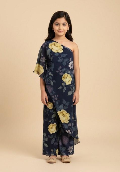 Girls Dark Blue Floral Printed Fusion Set