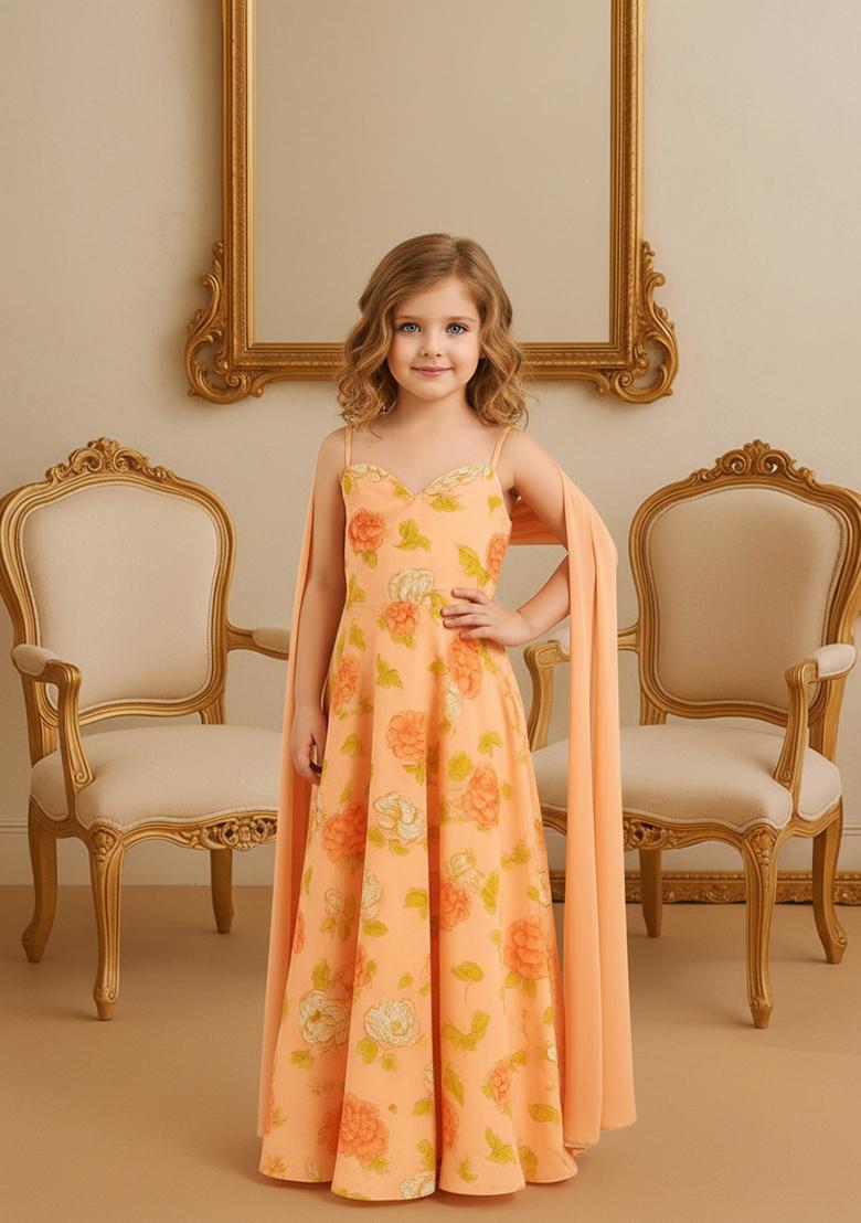 Girls Peach Georgette Floral Printed Anarkali Set
