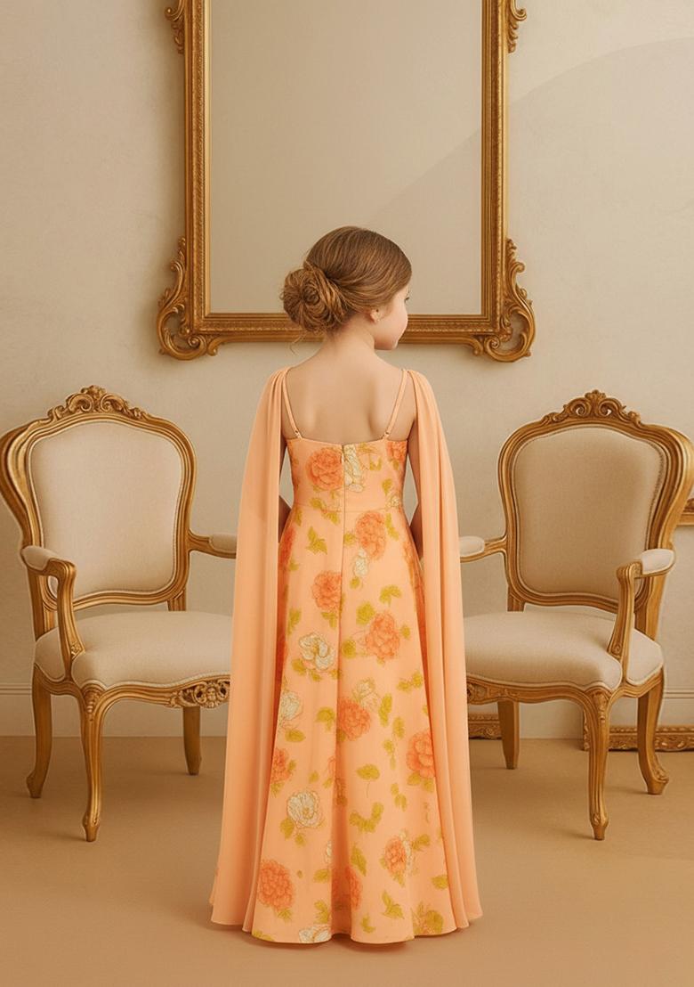 Girls Peach Georgette Floral Printed Anarkali Set