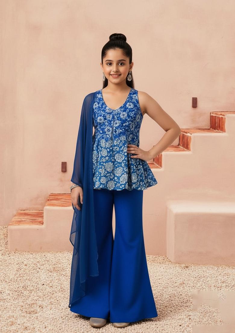 Girls Blue Chinon Floral Printed Short Kurta With Sharara Set